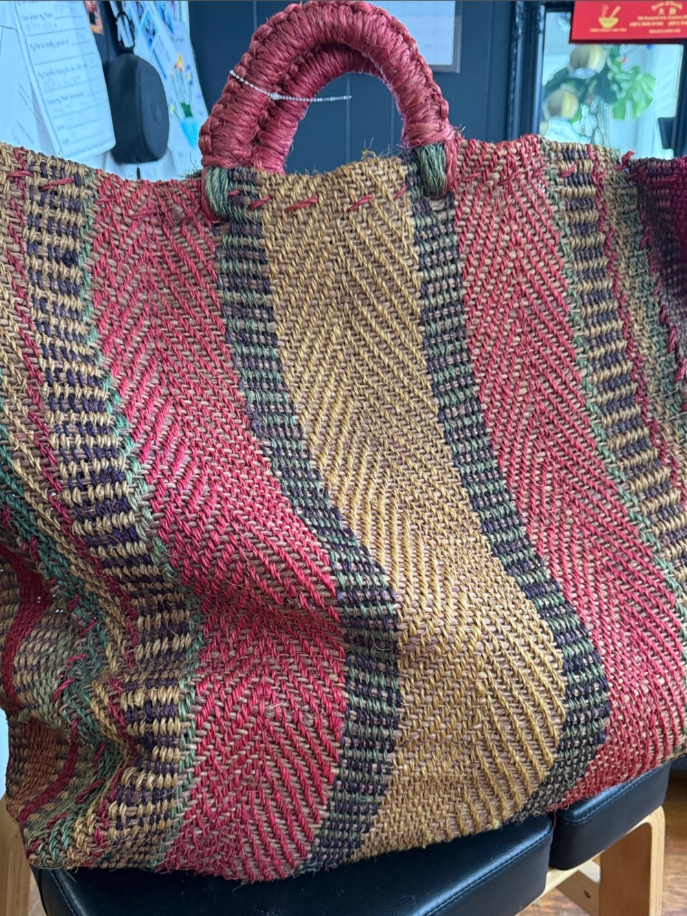 Woven Straw Tote Bag in Red, Brown & Green